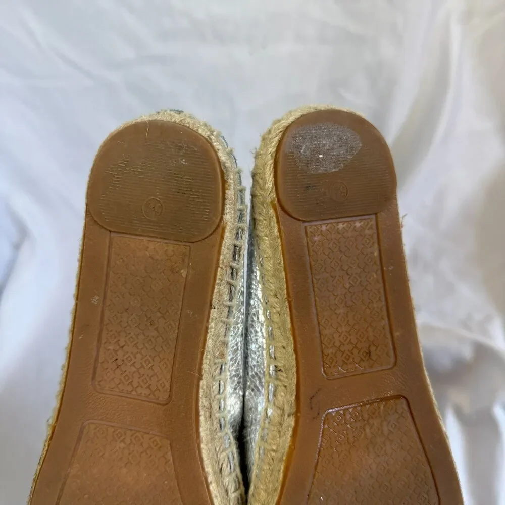 Tory Burch Espadrilles Silver Metallic Black Leather Cap Toe Flats Size 5.5